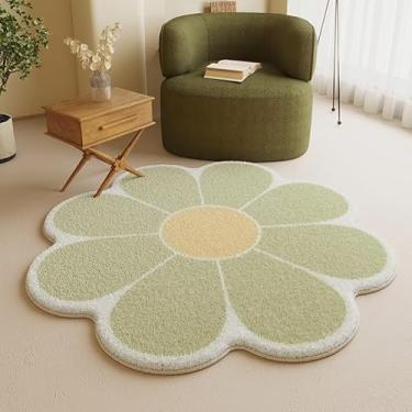 Imagem de TEMBR Tapete em forma de flor verde, lindo tapete redondo para quarto, sala de estar, tapete circular fofo lavável para quarto de crianças, tapete antiderrapante para entrada - 120 cm redondo
