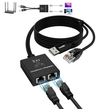 Imagem de Adaptador divisor Gigabit Ethernet 1 para 2, divisor RJ45 com cabo de alimentação USB de 1,8 m e cabo de entrada RJ45 3 em 1, divisor de rede 1 macho para 2 fêmeas, alta velocidade de 1K Mbps, suporta