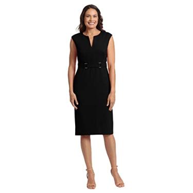 Imagem de London Times Feminino Plus Size Ombro Estendido Fivela Cintura Bainha Midi, Preto, 40