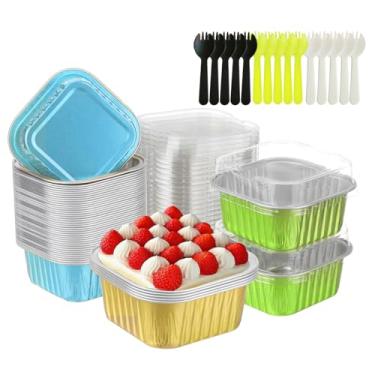 Imagem de Vários estilos de ramequins descartáveis com tampas, mini copos de folha de alumínio para assar copos de creme brulee, formas de cheesecake do deserto, moldes de pudim, recipientes para festa