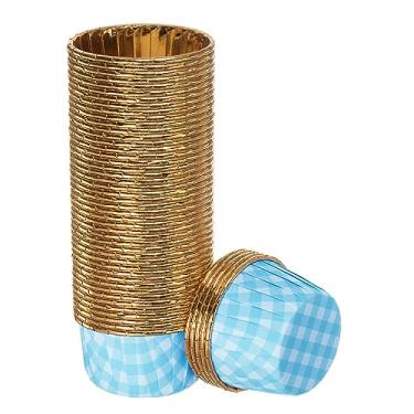Imagem de HARFINGTON Copos de cupcake xadrez azul dourado, 50 peças, folha de alumínio, 100 ml, forros de cupcake padrão, para decoração de festa de aniversário, decoração de casamento