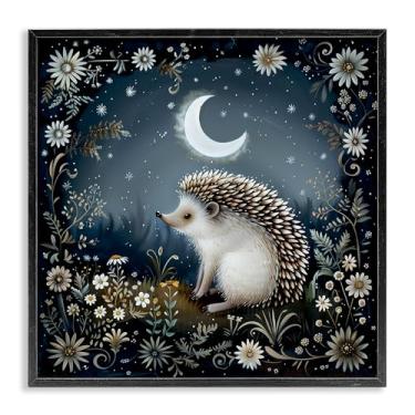 Imagem de Stupell Industries Hedgehog Under Forest Moon Framed Giclee Wall Art Design by The Dutch Lady, moldura preta, 30,5 x 30,5 cm