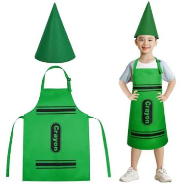 Imagem de Conjunto de 2 peças de avental de giz de cera colorido e chapéus de cone engraçados, conjunto de fantasia de giz de cera escolar para fantasia divertida de giz de cera, Verde, Standard