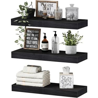 Imagem de Prateleiras flutuantes de parede QEEIG (015-B3) estante de livros pequena, para banheiro, quarto, cozinha, sala de estar, decoração de fazenda, conjunto com 3, preto, 40,6 cm