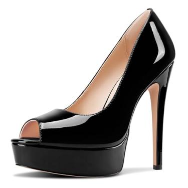 Imagem de TNYNFBEB Peep Open Toe stiletto salto plataforma alta sapato sapato sem cadarço vestido de festa de formatura couro envernizado 14 cm salto, Preto, 40