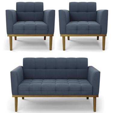 Imagem de Sofá Namoradeira E 2 Poltronas Base Madeira Castanho Ana Suede Azul Marinho - Ibiza