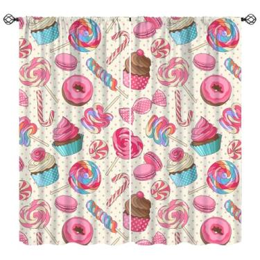 Imagem de Cortina de doces para decoração infantil, delicioso pirulito doce macaroon cupcake e em padrão de bolinhas, cortinas blackout para janela, bolso de varão, cortinas de isolamento térmico para quarto