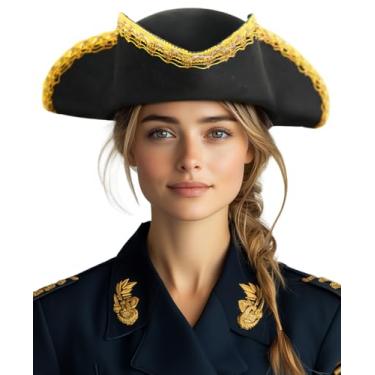 Imagem de UQJE Chapéu de pirata autêntico para mulheres, chapéu de tricórnio de couro adulto, acessório de fantasia colonial de Halloween - ouro preto