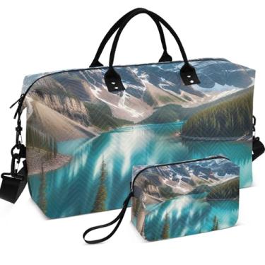 Imagem de Lindas bolsas de viagem com estampa de porco feliz, conjunto de 2 bolsas de higiene pessoal, modernas para mulheres, conjunto de 2 bolsas de viagem de fim de semana, Paisagem do lago nas montanhas