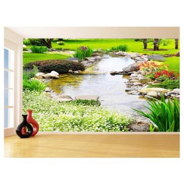 Imagem de Papel De Parede Jardim Rio Flores Lago Árvores 3,5M Jjp47 - Você Decor