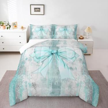 Imagem de Erosebridal Jogo de cama King com laço, conjunto de edredom moderno para decoração de quarto de gravata borboleta, fantasia sonhadora cinza ciano para meninas e meninos, edredom de madeira country com