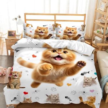 Imagem de AILONEN Conjunto de capa de edredom infantil e gato, tamanho Queen, roupa de cama kawaii, gato, animal de estimação, gato, 3 peças, 1 capa de edredom com 2 fronhas, desenho animado