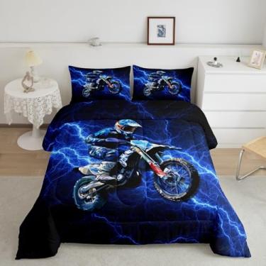 Imagem de meiyoeat Conjunto de edredom infantil de motocross, corrida, motocross, esportes radicais, respirável, para decoração de quarto, 1 edredom com 2 fronhas