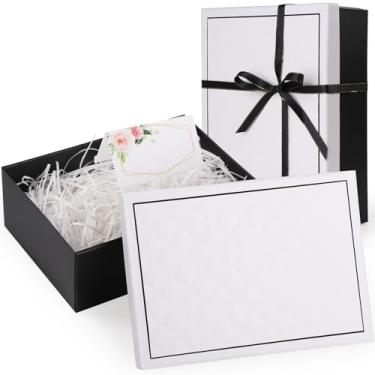 Imagem de Joogee Caixas de presente com laço e enchimento de papel desfiado, caixa de presente de papelão com tampa, cartão em branco para aniversário, casamento, feriado, preto