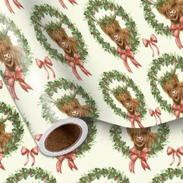 Imagem de LeZakaa Rolo de papel de embrulho de Natal, vaca Highland e grinalda com design de laço verde para presentes de Natal, família, amigos, crianças, festa de Natal, mini rolo 43 x 16,4 pés