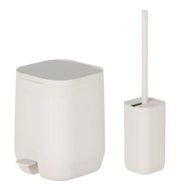 Imagem de Kit Banheiro 2pç Lixeira 6L Com Pedal + Suporte Porta Escova Sanitária Bege - Aura Ou