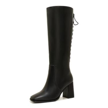 Imagem de Botas femininas de cano alto na altura do joelho – Botas de couro sintético plus size com cadarço ajustável nas costas, zíper, bico quadrado e salto grosso, Preto, 7 Wide