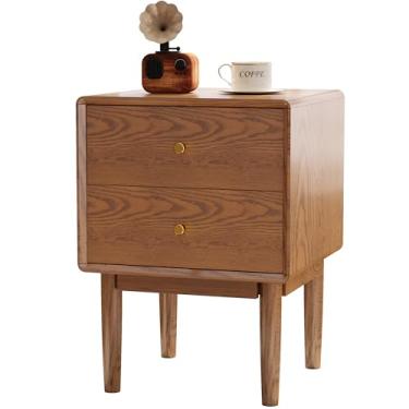 Imagem de Mesa de cabeceira moderna de meados do século, mesa de cabeceira de nogueira de madeira maciça com 2 gavetas, mesa de cabeceira com perna sólida alta, mesa lateral para quarto