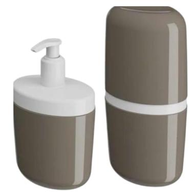 Imagem de Kit para Banheiro 2 Peças, Porta Escova de Dente e Saboneteira Líquida, Marrom e Branco
