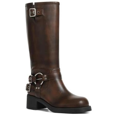 Imagem de AMINUGAL Botas Marrons De Cano Alto Femininas, Bico Quadrado, Alto, Largo, Montaria, Fivelas Da Moda, Grossas, Metálicas, Casuais, Vintage, Fivela, Rebite, Tamanho 9