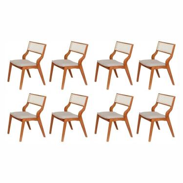 Imagem de Kit 8 Cadeiras de Madeira Maciça Estofada e Rattan 100% Natural Luna Espresso Móveis Champagne/Cinza Claro
