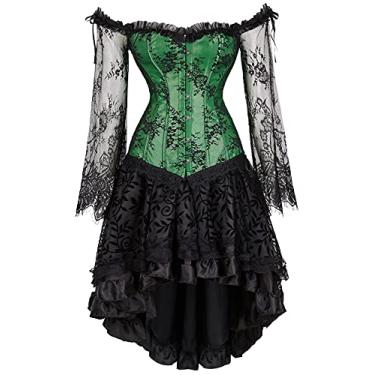 Imagem de Espartilho plus size Steampunk espartilho conjunto de saia renascentista gótica bustiê fantasia de Halloween, Verde - 8125, G