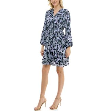 Imagem de Nanette Nanette Lepore Vestido feminino totalmente forrado com botões e corpo inteiro, cintura franzida e manga plissada, Estampa azul marinho, 11