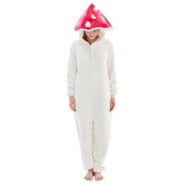 Imagem de NEWCOSPLAY Pijama unissex adulto macacão animal peça única cosplay roupa de dormir, Cogumelo branco, M