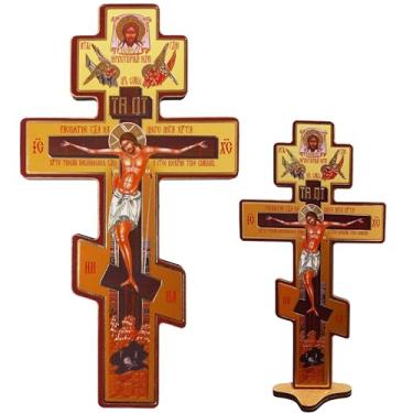 Imagem de 2 peças cruz de parede ortodoxa woden crucifixo grego cristão 20.3 cm cruz de mesa pequena 14,5 cm