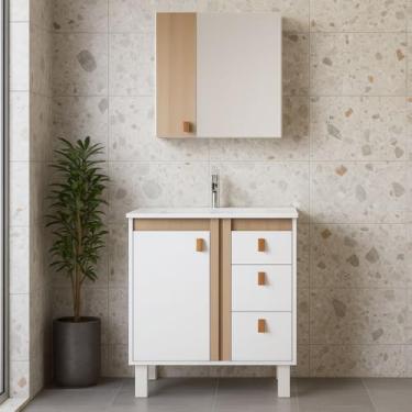 Imagem de Gabinete de Banheiro 88cm 3 Gavetas Espelheira 1 Porta Cuba (Branco/Jequetiba)