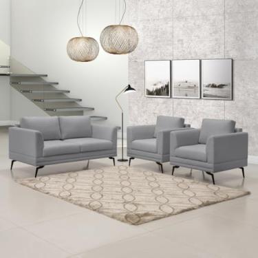 Imagem de Conjunto Moderno Sofá Poemme 1,60mt Pés de Ferro + 2 Poltronas Linho Cinza