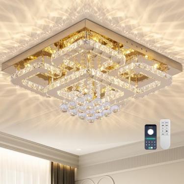 Imagem de KINGTORO Lustre De Cristal Dourado Com Controle Remoto Quadrado, Luminária Teto Embutida 24", Temporizador Regulável, Led Moderno Em 3 Cores, Estilo Gota Chuva, Para Sala Jantar, Quarto, Estar E Coz