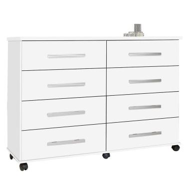 Imagem de Cômoda para Quarto 136cm 8 Gavetas com Rodízios Jade Branco Luxo - Móveis Primus