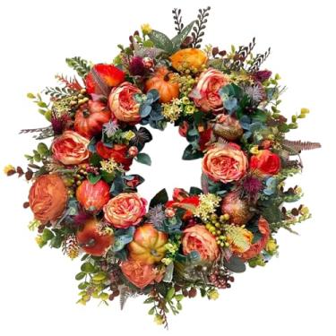 Imagem de CarpNettore Guirlanda de ação de Graças, Guirlanda de Outono para Porta, Decoração com Flores Artificiais, Resistente e Multiuso Realista para Janela e, 50 Centímetros
