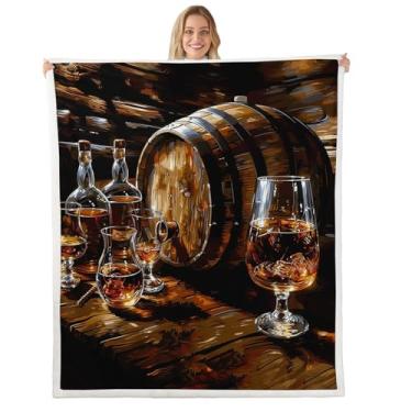 Imagem de Cobertor de uísque, manta de barril de madeira granulado rústico retrô felpudo cobertor, vinho cerveja copo bar tempo mantas de lã para cama sofá sofá, marrom preto macio e respirável, tamanho