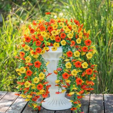 Imagem de BLISOUL 2 peças de flores artificiais de outono para decoração ao ar livre, margarida de seda realista laranja amarela com eucalipto, mães falsas resistentes a UV para decoração de casa, pátio, jardim