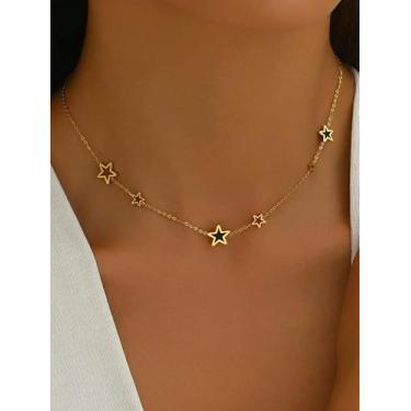 Imagem de Colar com pingente de pentagrama dourado com enfeite de pentagrama vazado, joia feminina simples e moderna, adequada para uso diário feminino