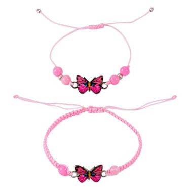Imagem de 2 pulseiras de contas trançadas de nylon rosa ajustáveis pulseiras de liga borboleta para mulheres diâmetro interno 15-85 mm
