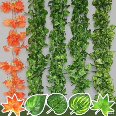 Imagem de Plantas artificiais trepadeira de vime, folha verde, videira de hera, faça você mesmo, guirlanda pendurada, folhas de bordo de ratã, folhas falsas para decoração de casamento em casa (folhas de uva)