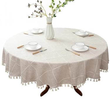 Imagem de Homaisson Toalha de mesa redonda de linho de algodão, design xadrez nórdico de 120 cm, capa de tecido de café com borda de borla, decoração de outono de longa duração para sala de jantar, mesas de