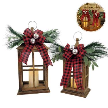 Imagem de Kit 2 Lanterna Decorativa Natal Laço Xadrez Madeira Vela Led