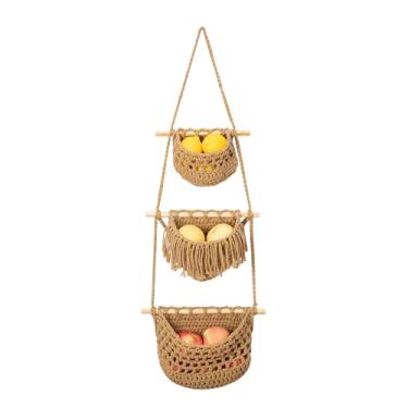 Imagem de JBESUHI Cesta de frutas pendurada de algodão – cesta de parede de tecido de 3 camadas, tapeçaria de macramê marrom, organizador de armazenamento para cozinha/banheiro, decoração boho sobre a porta