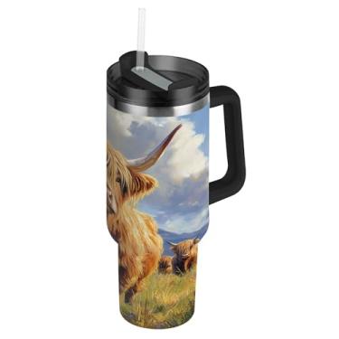 Imagem de SEHANY Copo Highland Cow de 850 g com tampa e canudo, aço inoxidável de vácuo duplo isolado garrafa de água esportiva suporte para copo de café de viagem à prova de vazamento para bebida gelada
