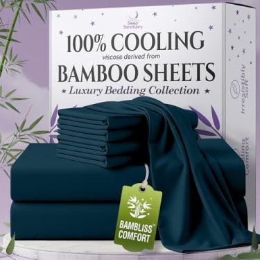 Imagem de SLEEP SANCTUARY Viscose 100% orgânica derivada de lençóis de bambu tamanho casal 6 peças - ultra macio e refrescante, bolso profundo de 43 cm, costura dupla, perfeito para quem dorme quente - Lençóis