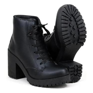 Imagem de Bota Coturno Feminina Salto Médio Tratorado em Verniz Confortável Antiderrapante Solado de Borracha Estilo Urbano e Casual (Preto Tratorado, Padrão, BR, Adulto, Numérico, 36)