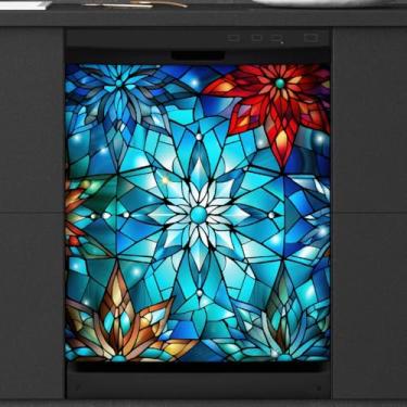 Imagem de Poinsétia de vidro de Natal capa de ímã para lava-louças, capas magnéticas para decoração de lava-louças, capa magnética para porta de geladeira, decalque de geladeira para cozinha, eletrodomésticos