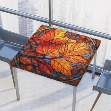 Imagem de hongjinglin Toalha de mesa quadrada para uso ao ar livre com borda elástica, toalha de mesa quadrada com folhas de vidro de outono para decoração de cozinha para mesas de 86 x 86 cm