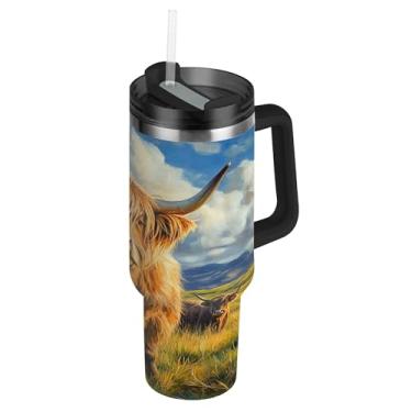 Imagem de SEHANY Copo Highland Cow 1,134 g com tampa e canudo, aço inoxidável de vácuo duplo isolado garrafa de água esportiva suporte para copo de café de viagem à prova de vazamento para bebida gelada