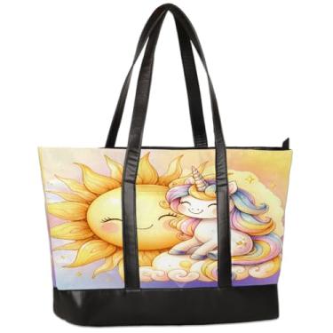 Imagem de Bolsa de lona para laptop feminina sol dourado unicórnio 15,6 polegadas grande capacidade bolsa de mão leve casual bolsa de ombro para negócios, escritório, trabalho, viagem, escola, faculdade, fim de