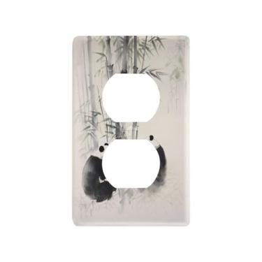 Imagem de Blueangle Placa de parede dupla de bambu panda chinês, tamanho padrão, placas de cobertura de tomada elétrica de 1 gangue para decoração de quarto de escritório em casa, 4,53 x 2,76 polegadas (214)